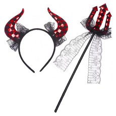 摩達客 COSPLAY派對變裝扮 蕾絲菱格牛角造型配件二件組 Set, 髮箍 + 仙女棒, 1組