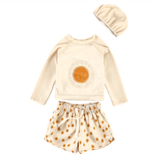 米小太陽 男童長袖泳衣+泳褲(有綁帶)+泳帽, M, 米色, 1組