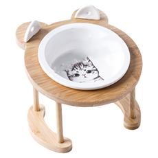 貓耳勺木架陶瓷碗 - 單碗 (1勺+1叉), 灰貓, 1個