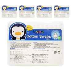 PUKU 藍色企鵝 大雪人安全棉花棒 60支, 純棉材質, 雙頭設計, 5盒