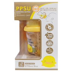 PiYOPiYO 小鴨 旋轉360度 寬口握把PPSU奶瓶 270ml 媽咪乳感防脹氣奶嘴XL 醫療級原料 不含雙酚A 耐高溫, 黃色, 1個