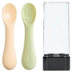 MODU'I BLUEMAMA 幼兒鉑金矽膠湯匙2入 附收納盒, 耐熱 -40°C~250°C, 清新綠 + 奶油黃, 1組
