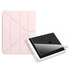 vXTRA 飛創 Y折變形立架四角氣囊平板皮套 筆槽版 + 玻璃貼套組, 1套, 玫瑰粉