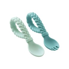 itzy ritzy 編織造型矽膠湯匙組 環形手柄設計 食品級矽膠 軟Q柔韌, Spoon & Fork Set, 森林綠, 2支