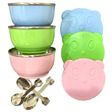 304馬卡龍碗 內不鏽鋼 + 無孔蓋子 附湯匙 3個, 混和顏色, 1組