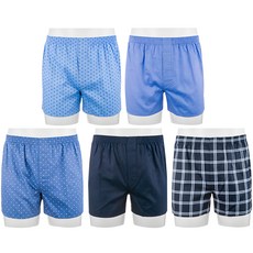 BASE ALPHA ESSENTIALS 男款棉質寬鬆四角褲, 5件組, L, 深藍印花款+深藍格紋款+藍色點點款+藍色印花款+淺藍菱格款