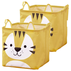 動物造型棉麻收納籃 內層防水塗層 可摺疊收納, 33 x 33 x 33cm, 老虎, 2個