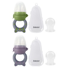 Bebelock 小豬造型咬咬樂輔食器, 可愛矽膠網材質, 附專用收納盒, 芋泥紫+橄欖綠, 1組