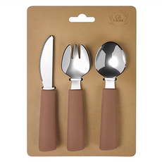 By Lille Vilde 不鏽鋼餐具3件組, 18/8食品級不鏽鋼, 食品級矽膠握柄, 湯匙 + 叉子 + 刀子, 暖棕色, 1組
