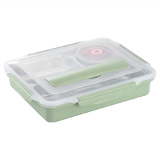 Mega 加大款 北歐304不鏽鋼分格便當盒 耐熱PP外殼 120°C以下, 附餐具 + 湯碗, 綠色, 1組