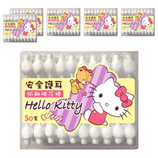 Hello Kitty 凱蒂貓 安全護耳紙軸棉花棒，50支/盒，100%純棉雙頭, 6盒