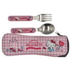 Hello Kitty 凱蒂貓 兒童餐具組 Set 二件式, #304不鏽鋼材質, 湯匙 + 叉子, 粉色, 1組