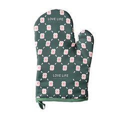 掌心矽膠加厚防燙防滑隔熱手套，棉布+矽膠，26x17cm, 綠底粉花, 1雙