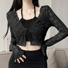 甜辣風透膚格子單釦長袖罩衫, 女裝上衣, 肩寬34cm 胸寬40cm 袖長56cm 全長33cm, 黑色