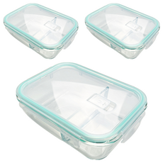 玻璃保鮮盒 長方形雙格, 722g 1040ml, 3個