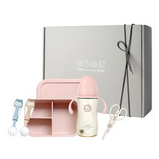 PUKU 藍色企鵝 飽飽午茶副食品入門禮盒, 霧粉色, 寬口PPSU練習奶瓶 + 陶瓷食物剪附專用收納盒 + 分隔矽膠餐盒 + 學習湯叉組 + 湯叉組附專用收納盒, 1組