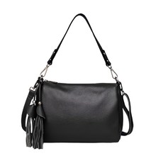 頭層牛皮簡約女士流蘇肩背包 可斜跨/手拿 容量: iPad mini, 28 x 20 x 10cm, 黑色