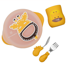 MARCUS&MARCUS 動物樂園用餐訓練學習禮盒組，適用年齡12個月以上, 長頸鹿 黃色, 吸盤碗 + 叉匙組, 1組