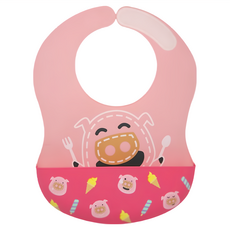 MARCUS&MARCUS 動物樂園大口袋寬版矽膠立體圍兜 - 6個月以上適用 寬大覆蓋, 粉紅豬 粉色, 1個, 1個