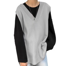 M833 棉20%+聚酯纖維80%, 韓版落肩寬鬆長版大V領針織毛衣背心, 灰