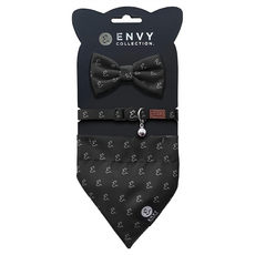 ENVY COLLECTION 貓頸圈三件組 頸圈領結領巾一次滿足 耐洗抗皺 可調節式頸圈 安全扣環設計, 一種尺寸, 優雅黑logo, 1組