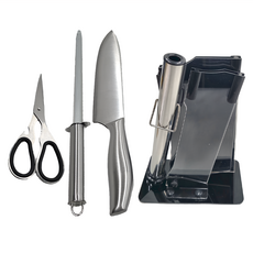 精鋼6件刀具組 刀柄一體成型設計 配有刀具收納架, 切片刀 + 菜刀 + 磨刀棒 + 廚師刀 + 廚師剪 + 刀座, 1組