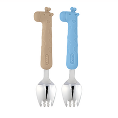 Edison 矽膠柄兒童餐具組 長頸鹿款 帶餐具收納盒, 叉子*2支+盒子*2個, 淺褐色+藍色, 1組