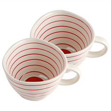 日式手捏不規則造型陶瓷杯 11.5 x 6.5 x 7.5cm 350ml, 紅色橫紋 白色, 2個