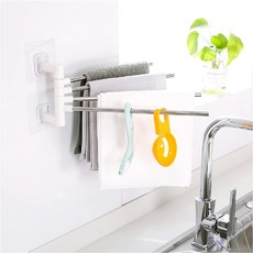 Marketpo 壁貼式四桿旋轉抹布架, ABS+不鏽鋼材質, 180°旋轉, 無痕貼, 5KG承重, 易於收納, 銀色, 30.5 x 8cm, 2個