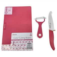 KyOCERa 京瓷 日本製 抗菌陶瓷刀3件組 刀刃 14cm 粉色, 1組, 料理刀 + 削皮器 + 砧板