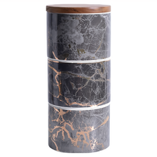 Homely Zakka 北歐ins風輕奢大理石紋金邊三層帶蓋陶瓷密封罐 陶瓷+相思木 白色/黑色, 13 x 13 x 28cm, 1個