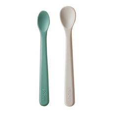 Richell 利其爾 矽膠離乳食湯匙組, 簡約配色 美觀大方, 適用於剛開始食用離乳食的寶寶, 材質親膚 握取舒適, S + M, 綠色 + 灰色, 1組