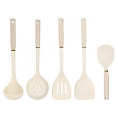 Kyhome 不粘鍋簡約矽膠耐高溫料理廚具5件組, 飯勺 + 鍋鏟 + 湯勺 + 漏鏟 + 漏勺, 白色, 1組