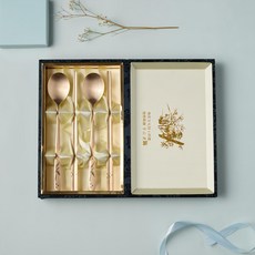 Obuja 韓國製 手工雕刻松鶴圖案 韓式鍛造銅器 雙人湯筷組, 湯匙 2筷子 2雙+精美盒子, 1組, 單色