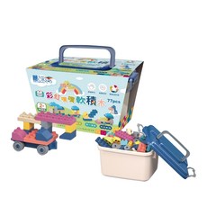 OKids 博士積木 NEW WIS 小牛津 彩虹噗噗軟積木 Set 77, 大顆粒設計易於堆疊, 附專屬滾輪小車和收納箱, A152218, 1組
