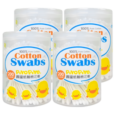 PiYOPiYO 黃色小鴨 棉花棒, 細紙軸易開罐 200支, 100%純棉, 4罐
