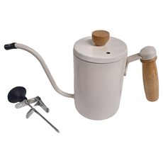 卡特屋 木手柄手沖壺 0.7mm細口 白色 600ml, 手沖壺 含溫度計, 1組