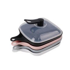 GGOOMIM Petique 單柄方形餐盤 黑色+白色+灰色+粉色 PP塑料 耐熱100°C, 4件組(各4個：餐盤 + 餐盤蓋), 1組