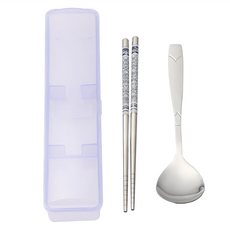 昌揚-寶石不鏽鋼餐具組, 附收納盒 輕巧便攜 辦公室學生餐具首選, 顏色隨機, 1組, 筷子, 湯匙