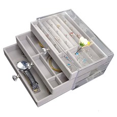 iSFun 透明絨布 抽屜飾品首飾珠寶收納盒 3層, 1個, 灰色