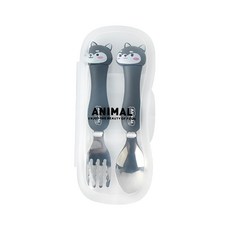 JAR嚴選 兒童304不鏽鋼可愛卡通餐具組 - 深灰小狗狗, 湯匙 + 叉子 + 盒子, 1組