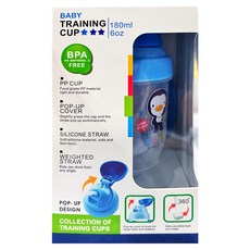 PUKU 藍色企鵝 吸管彈跳練習杯, 180ml/6oz, 不含雙酚A, 食品級PP材質, 彈跳杯蓋, 矽膠吸管, 重力球吸管, 水色, 1個