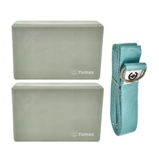 Tumaz 月熊 EVA瑜珈磚繩組 瑜珈磚2入+瑜珈繩 輔助伸展, 瑜珈磚22.5 x 14.5 x 7.5cm + 瑜珈繩300cm, 湖綠色, 1組