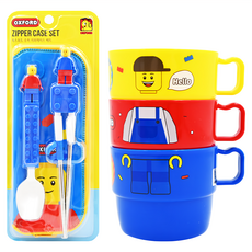 OXFORD 餐具/杯子套組，積木造型餐具組，學習筷，湯匙，杯子, 積木造型, 湯匙 藍色*1支+學習筷 藍色*1雙+餐具袋 藍色*1個+杯子 黃紅藍*1組