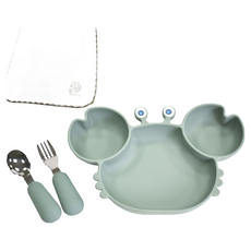 CHING-CHING 親親 螃蟹兒童矽膠餐具三件套組, 軍綠色, 1個造型餐盤、1個湯匙、1個叉子、1條紗布方巾, 1組