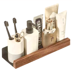 德利生活 實木免打孔浴室置物架 30cm 櫸木淺色 + 黑架 浴室收納好幫手, 1個