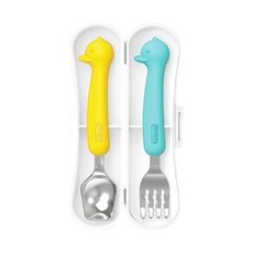 Edison 愛迪生 白金矽膠湯叉 18m+, 可愛小鴨 藍+黃, 湯匙*1+叉子*1+收納盒*1, 可愛小鴨 藍+黃, 1組