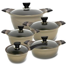 QUEEN SENSE Della系列陶瓷鍋具, 18cm單柄鍋*1個+20cm雙耳湯鍋*1個+24cm雙耳湯鍋*1個+24cm火鍋湯鍋*1個+28cm大湯鍋*1個, 米色, 1組