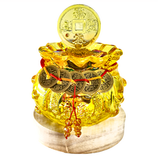 財神小舖 招財進寶五帝錢袋聚寶盆 琉璃元寶擺件 4.7 x 2.9 x 6.5cm + 多色小寶 120g + 五帝錢套繩 + 琉璃錢袋聚寶盆 7 x 8cm + 實木LED燈底座10cm, 開運黃, 1個