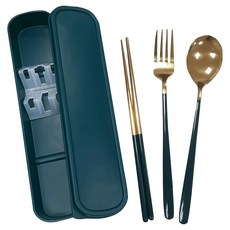歐式便攜鈦金餐具4件套 304不鏽鋼 PP材質, 筷子 x 1雙 + 湯匙 x 1 + 叉子 x 1 + 外盒 x 1 + 餐具架 x 1, 金綠色, 1組